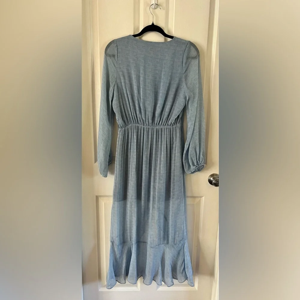 NWOT Light Blue Overlay Sheer Dress, by NSR, Hi low, Sheer Long sleeves, Medium - Picture 12 of 15